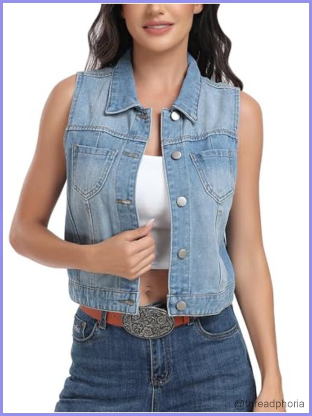 Sleeveless Cropped Denim Vest Spread Collar Button Jean Vest with Pockets